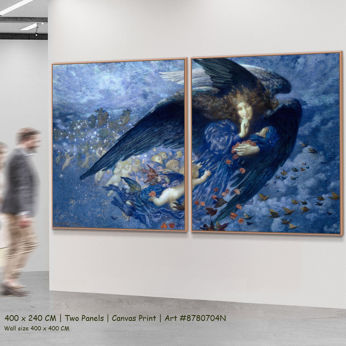 Night with Her Train of Stars by Edward Robert Hughes as a large two-panel blue and light blue Symbolist canvas set