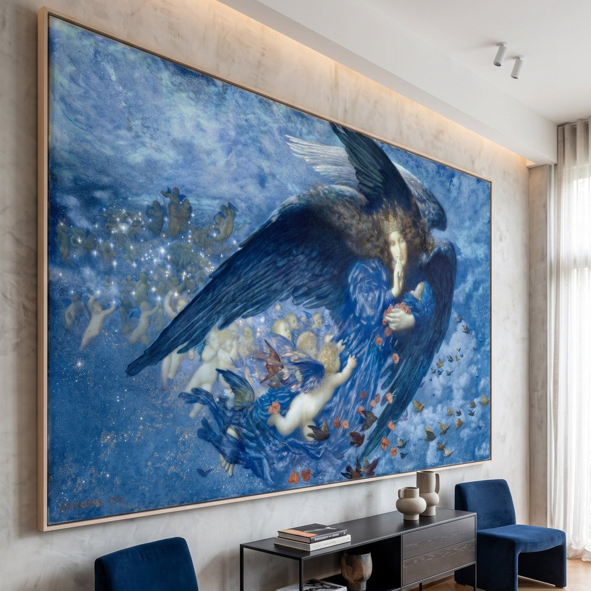 Night with Her Train of Stars by Edward Robert Hughes — large blue and light blue Symbolist canvas art displayed on a wall