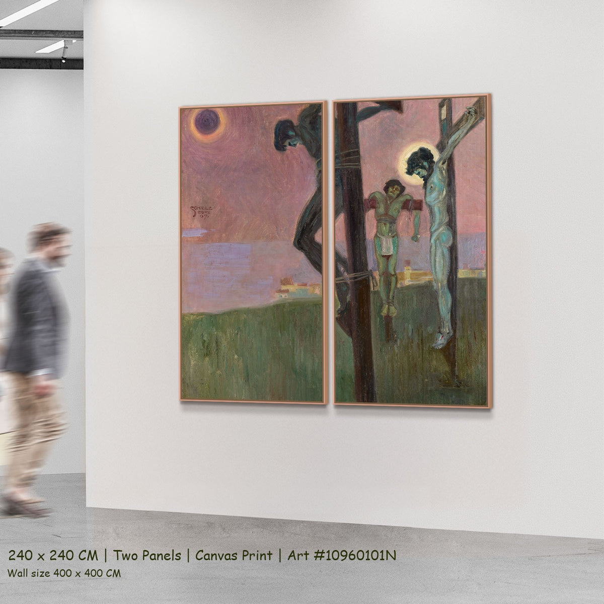 Crucifixion with Darkened Sun by Egon Schiele as a large two-panel pink and green Expressionist canvas set