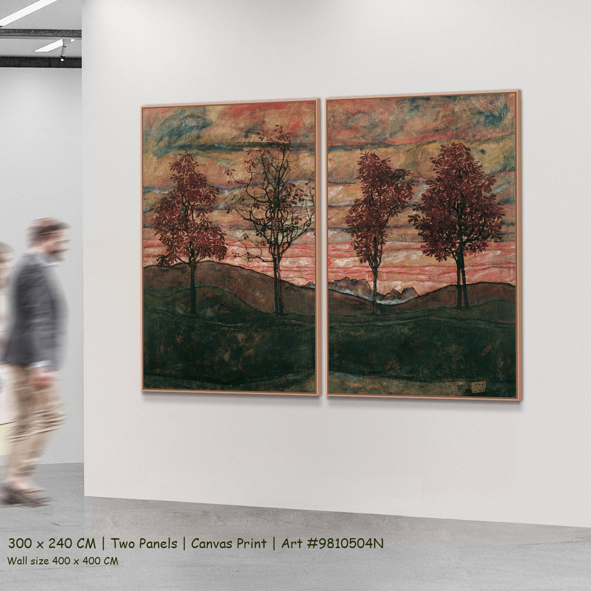 Four Trees by Egon Schiele as a large two-panel pink and red Expressionist Abstract canvas set