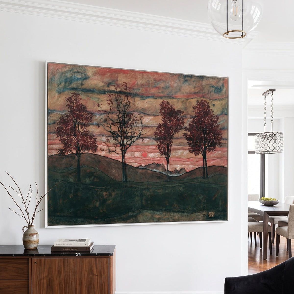 Four Trees by Egon Schiele — large pink and red Expressionist Abstract canvas art on a hallway wall