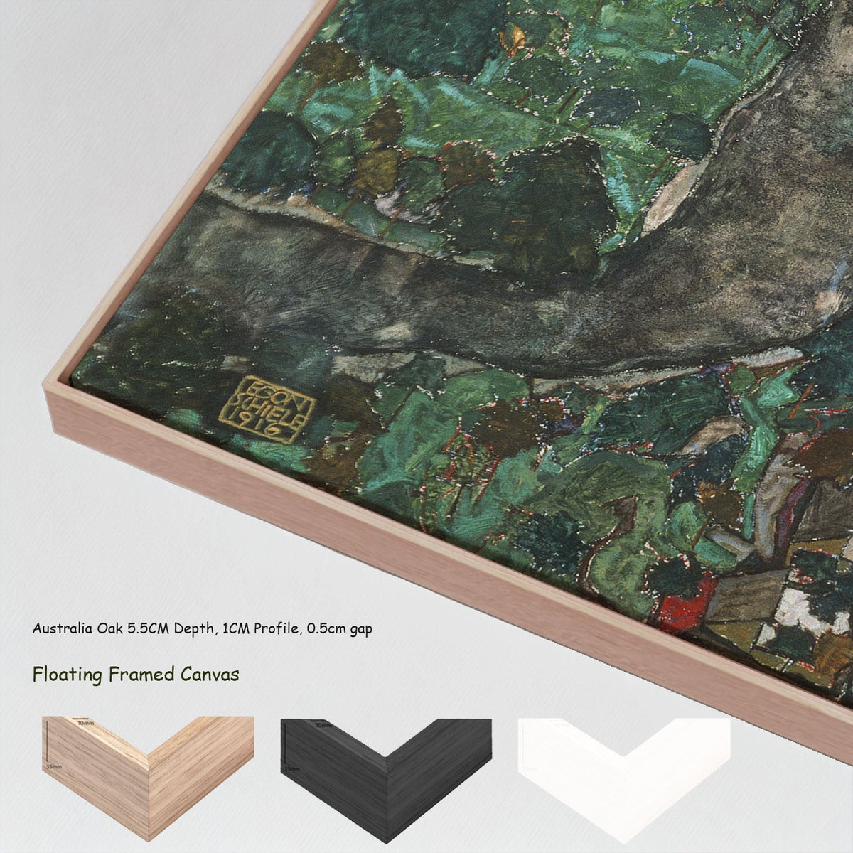 Krumau by Egon Schiele in a floating frame, large green and white Expressionist Abstract canvas print