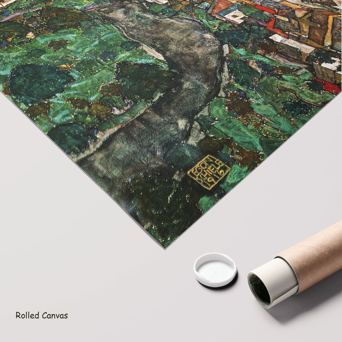 Krumau by Egon Schiele as a large rolled green and white Expressionist Abstract canvas print