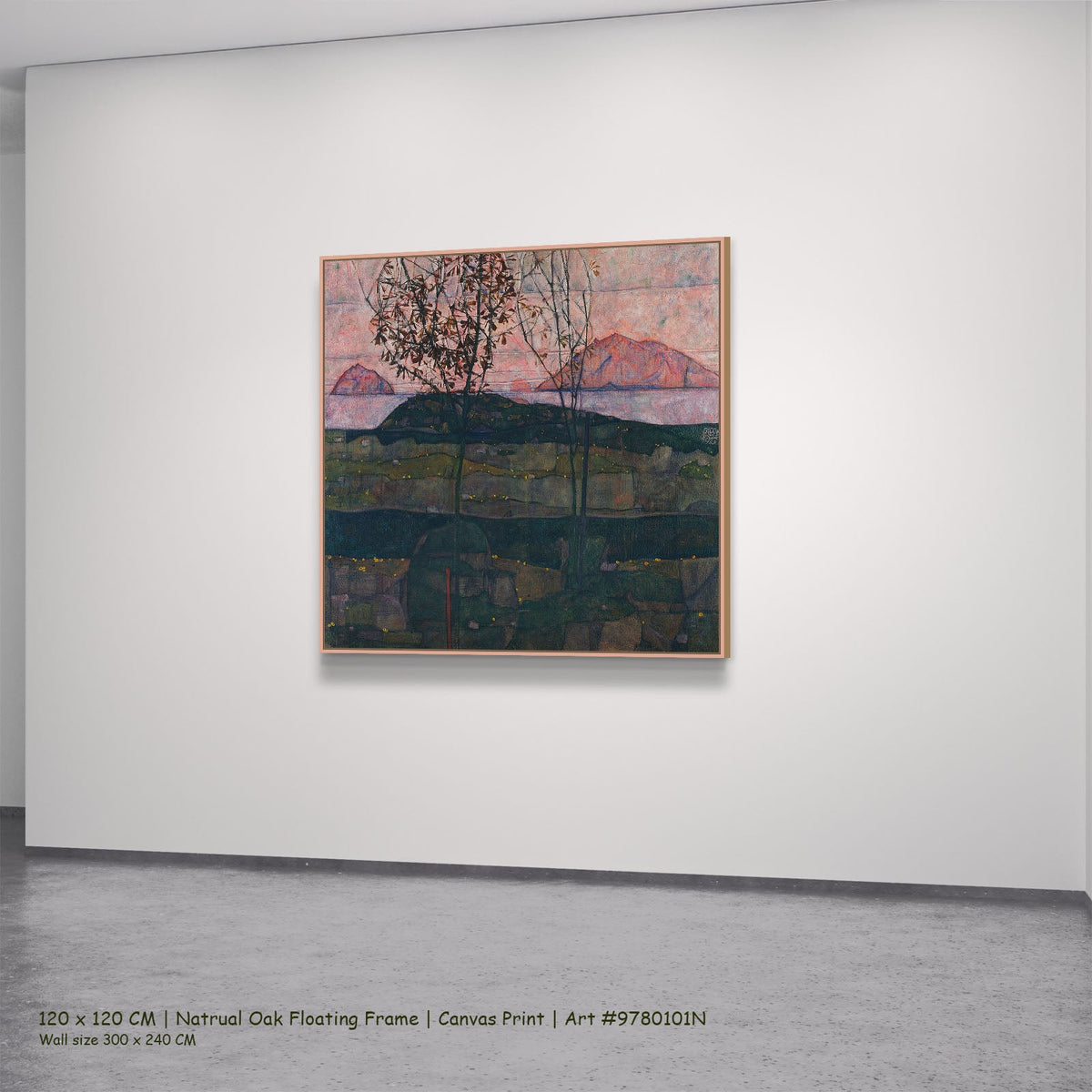 Setting Sun by Egon Schiele in a natural oak floating frame, large green and pink Expressionist Abstract canvas