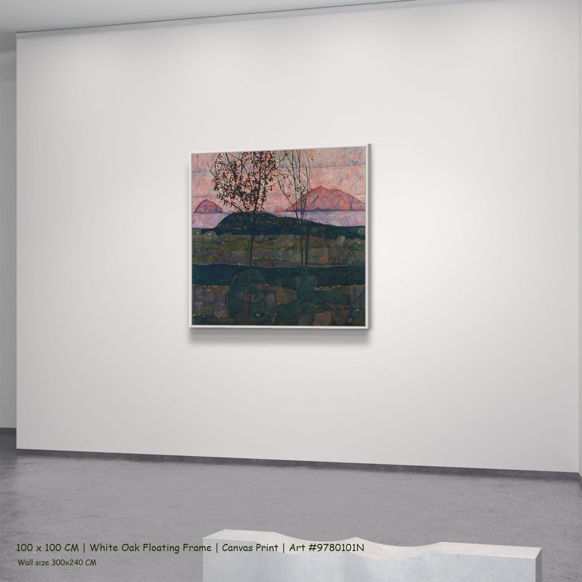 Setting Sun by Egon Schiele in a white oak floating frame, large green and pink Expressionist Abstract canvas