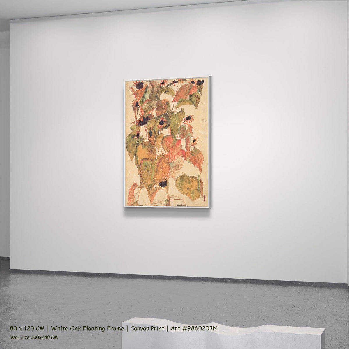 Sonnenblumen by Egon Schiele in a white oak floating frame, large olive and orange Expressionist Abstract canvas