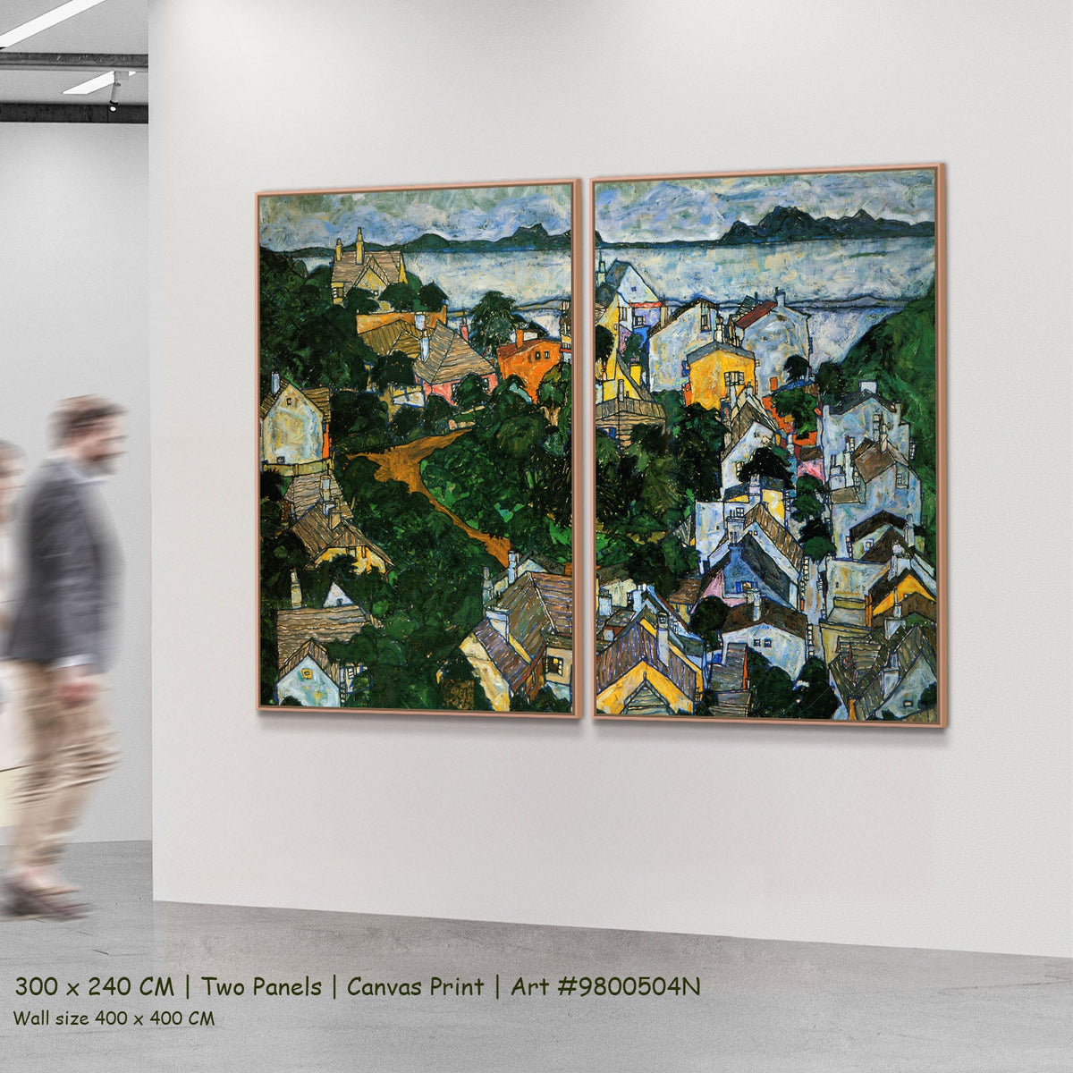 Summer Landscape, Krumau by Egon Schiele as a large two-panel green and white Expressionist Abstract canvas set