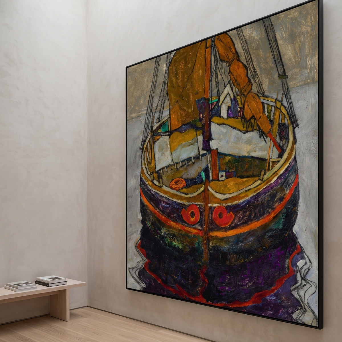 Trieste Fishing Boat by Egon Schiele — large brown and grey Expressionist Abstract canvas art on a hallway wall