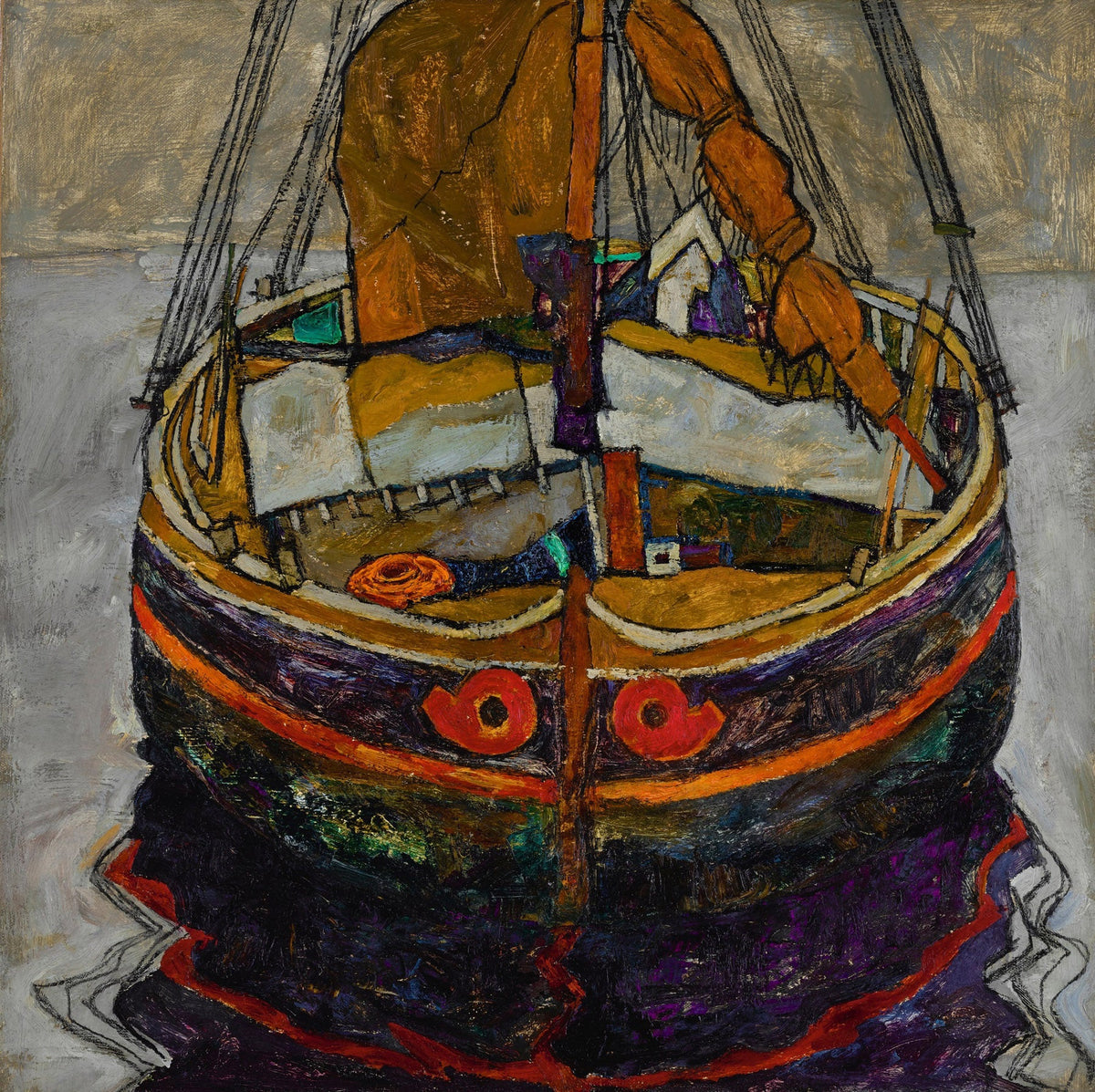 Large brown and grey Expressionist Abstract canvas print of Trieste Fishing Boat by Egon Schiele