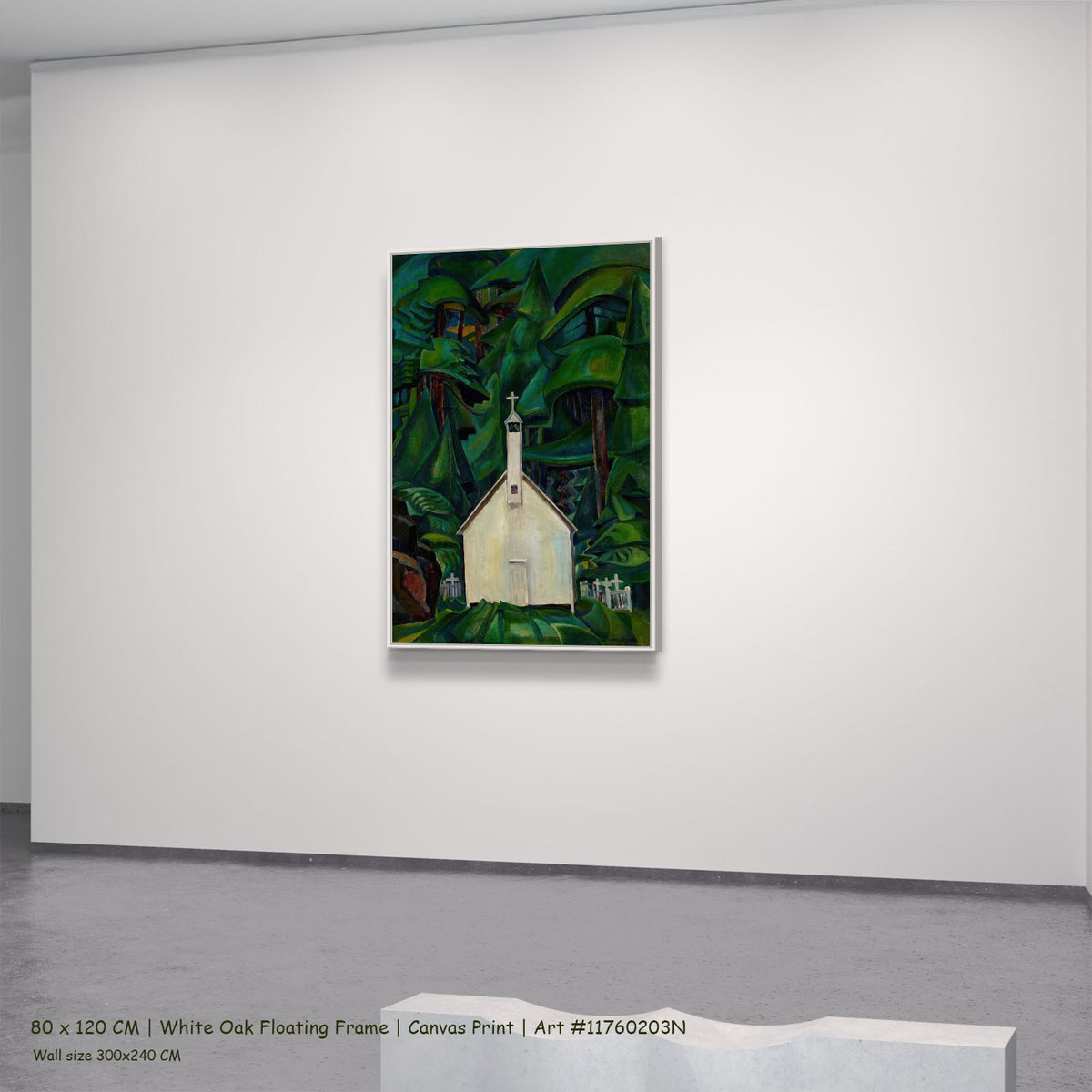 The Indian Church by Emily Carr in a white oak floating frame, large green and white Landscape canvas