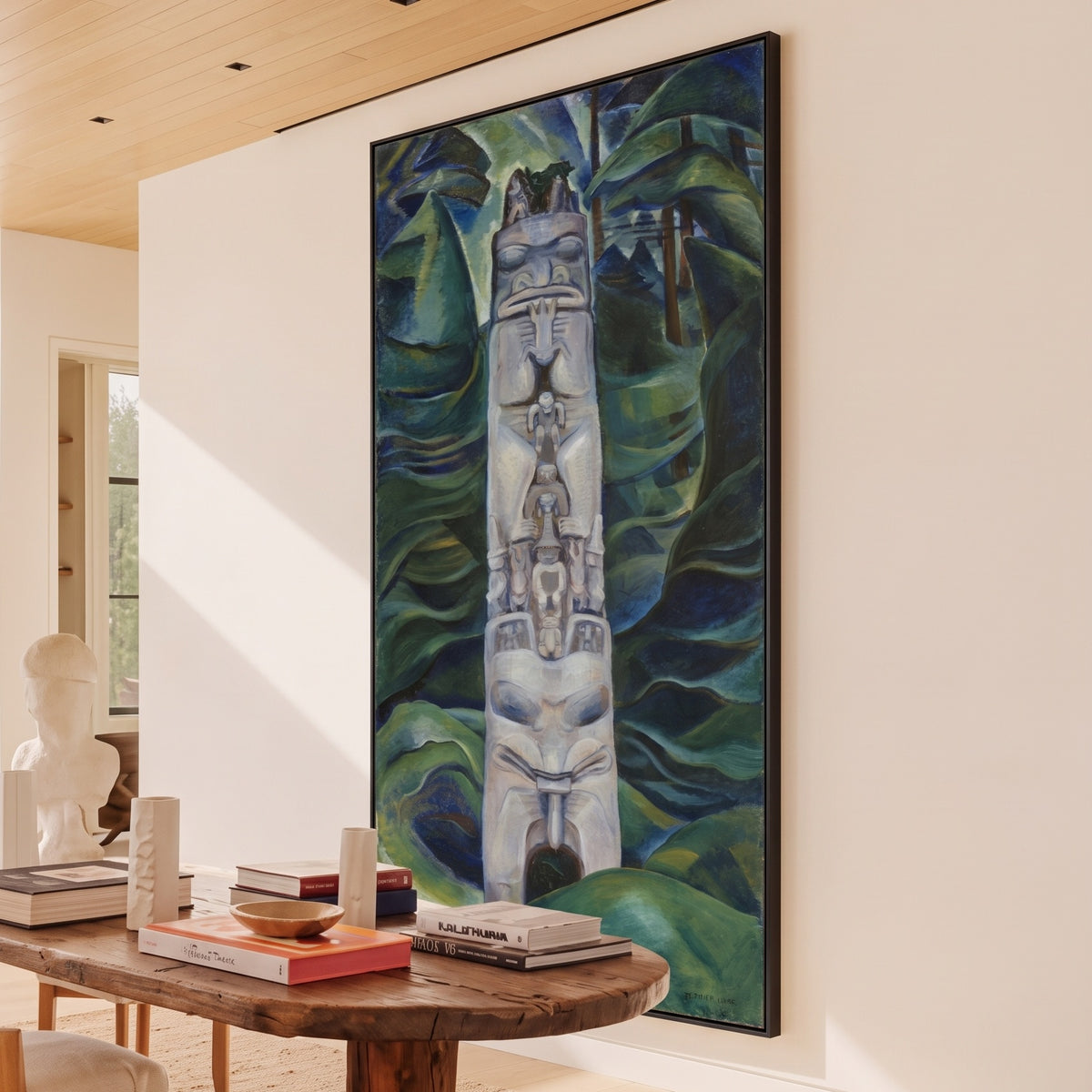 Totem and Forest by Emily Carr — large green and grey Landscape canvas art displayed on a wall