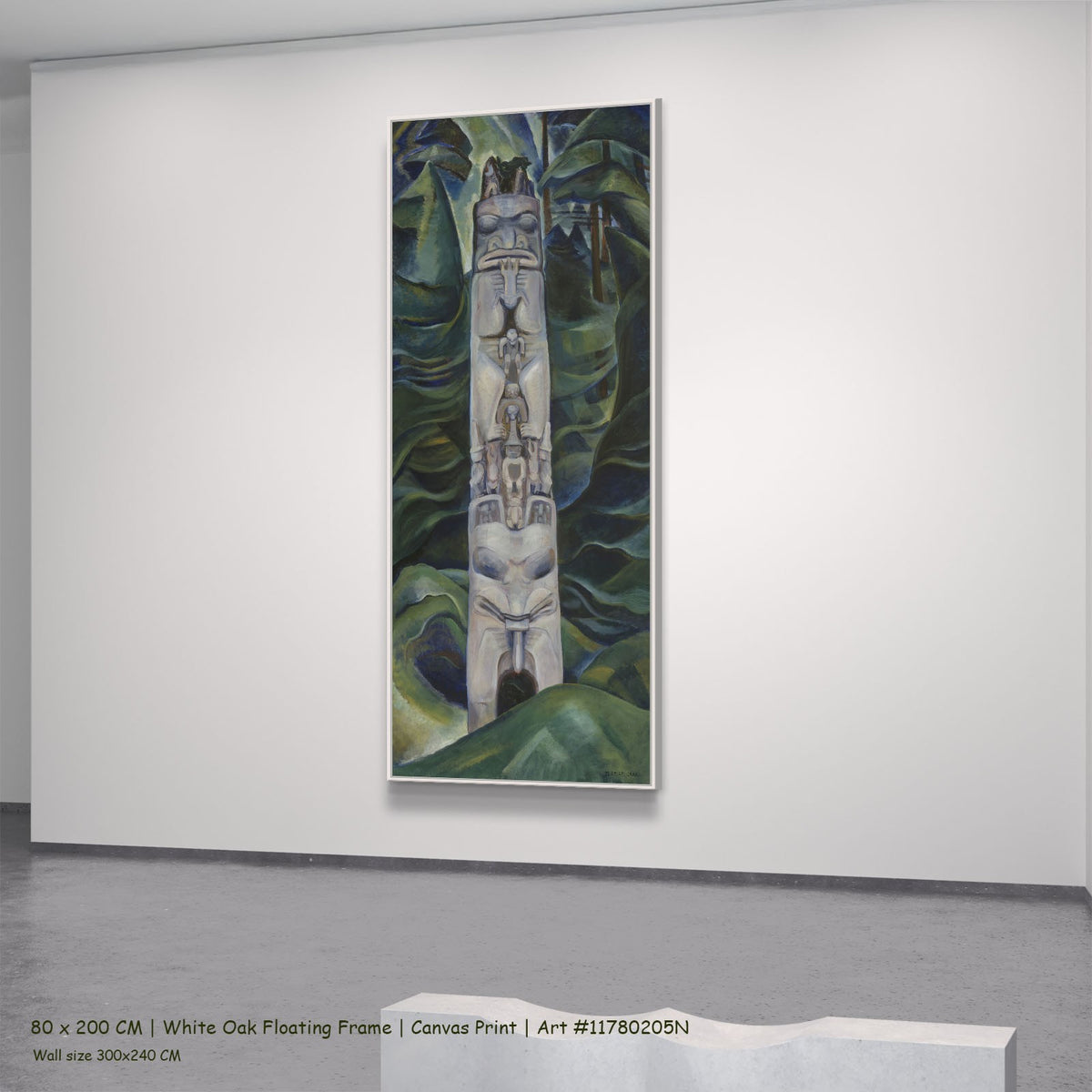 Totem and Forest by Emily Carr in a white oak floating frame, large green and grey Landscape canvas
