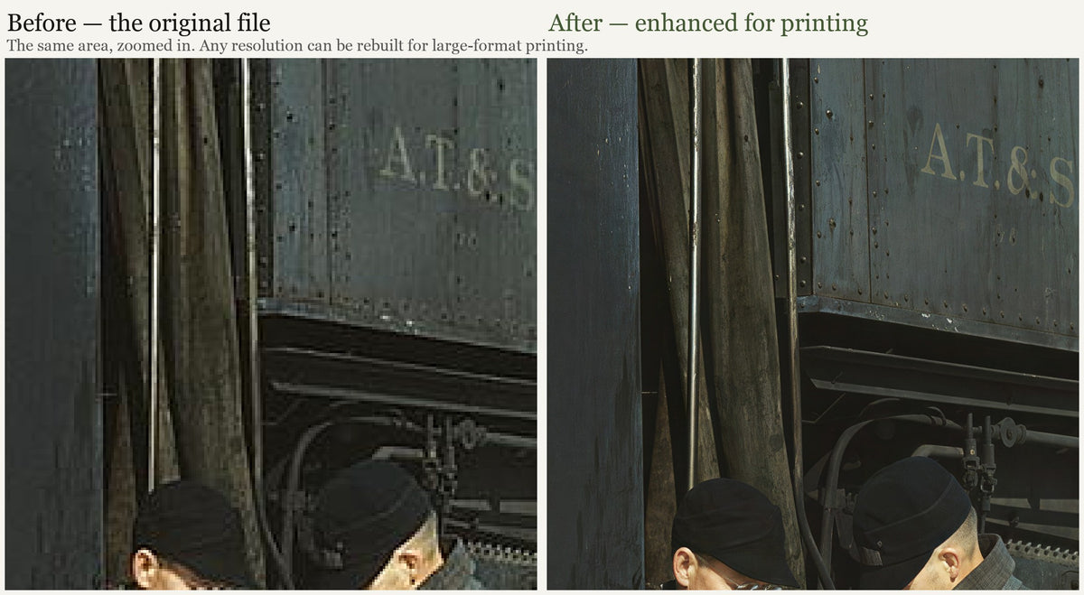 Before and after — the same area of a low-resolution photo, rebuilt for large-format printing