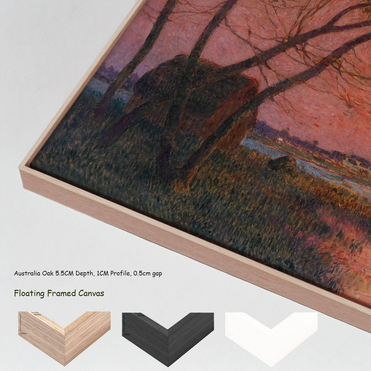 Sunrise by Ferdinand du Puigaudeau in a floating frame, large pink and red Impressionist canvas print
