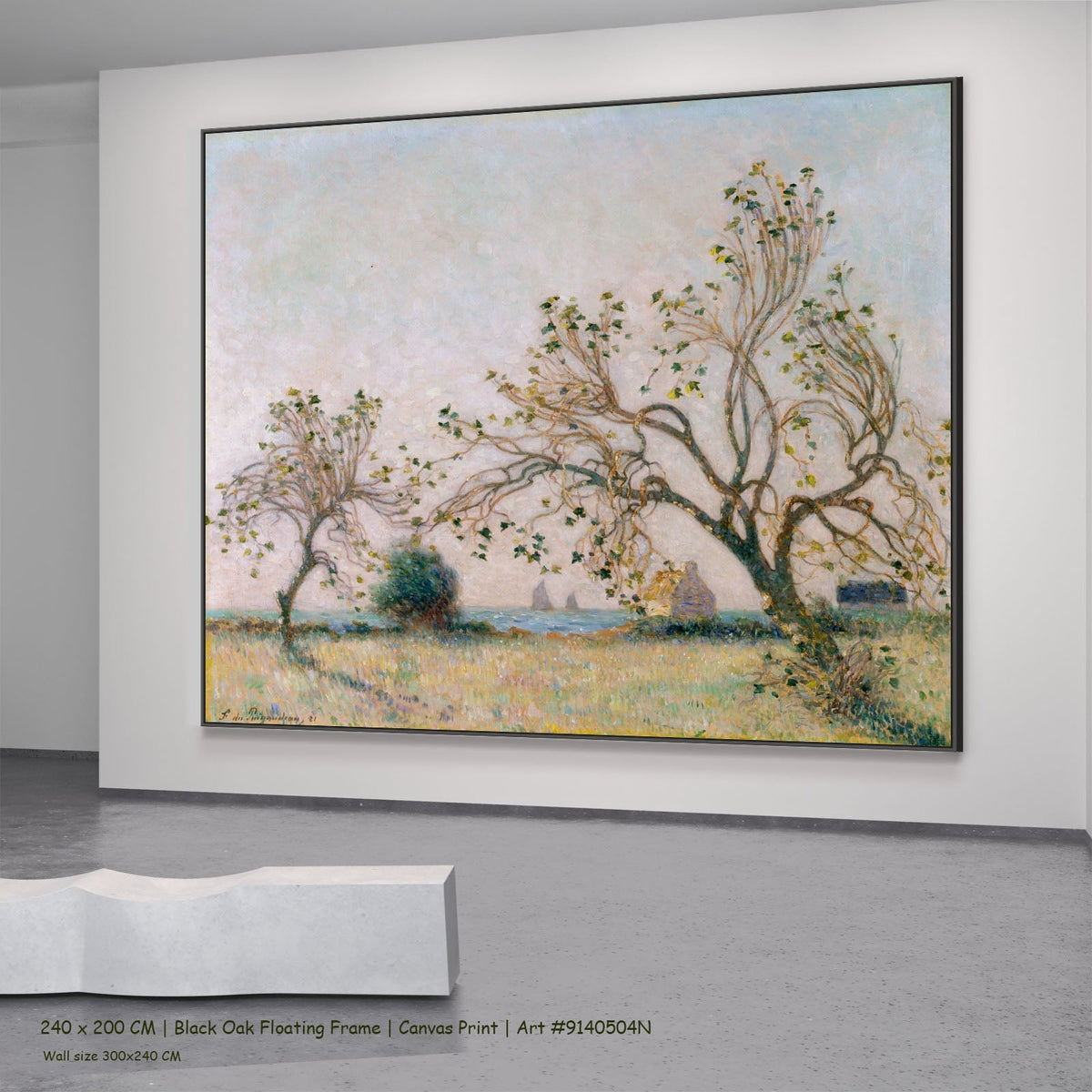Sunset of the Breton Coast by Ferdinand du Puigaudeau in a black oak floating frame, large gold and green Impressionist canva