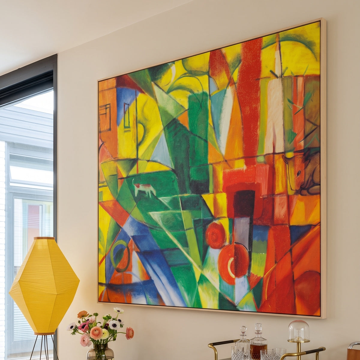Landscape with House, Dog and Cattle by Franz Marc — large yellow and red Expressionist Abstract canvas art on a living room