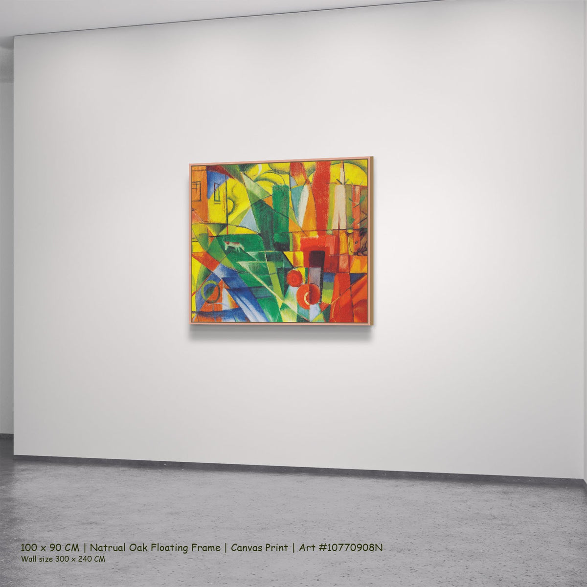 Landscape with House, Dog and Cattle by Franz Marc in a natural oak floating frame, large yellow and red Expressionist Abstra