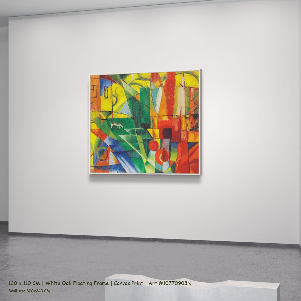 Landscape with House, Dog and Cattle by Franz Marc in a white oak floating frame, large yellow and red Expressionist Abstract