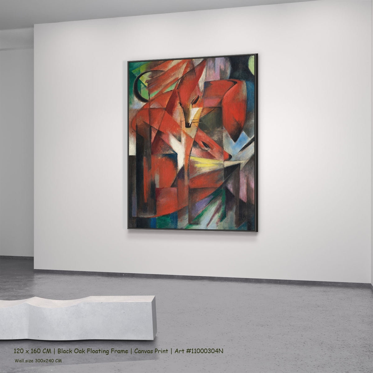 The Foxes by Franz Marc in a black oak floating frame, large red and black Expressionist canvas