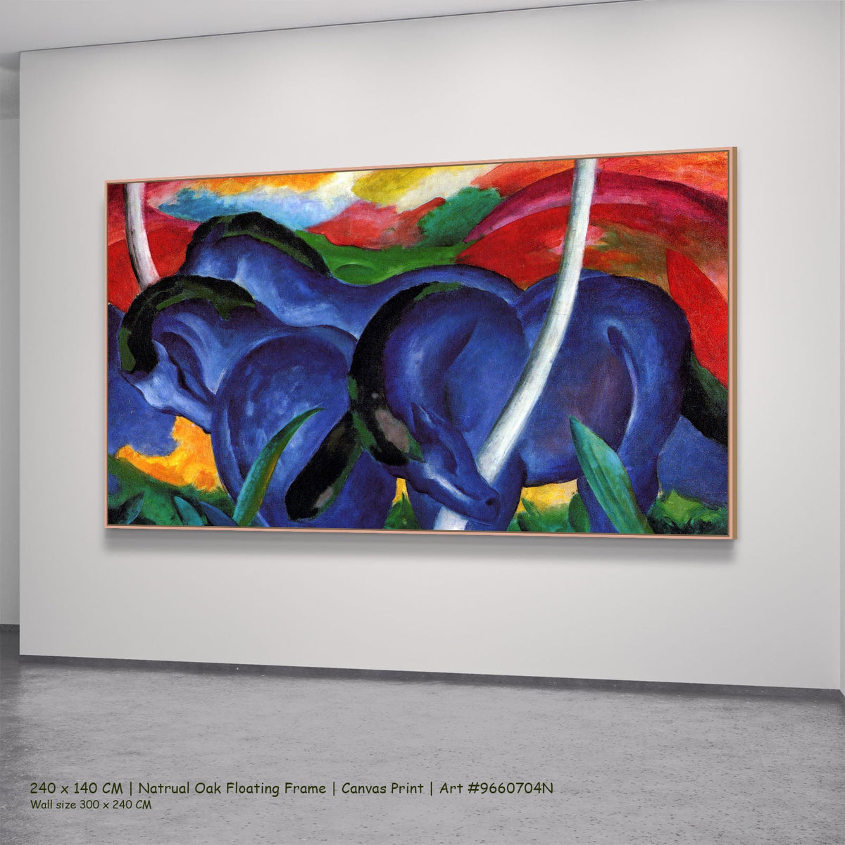 The Large Blue Horses by Franz Marc in a natural oak floating frame, large blue and red Expressionist Abstract canvas