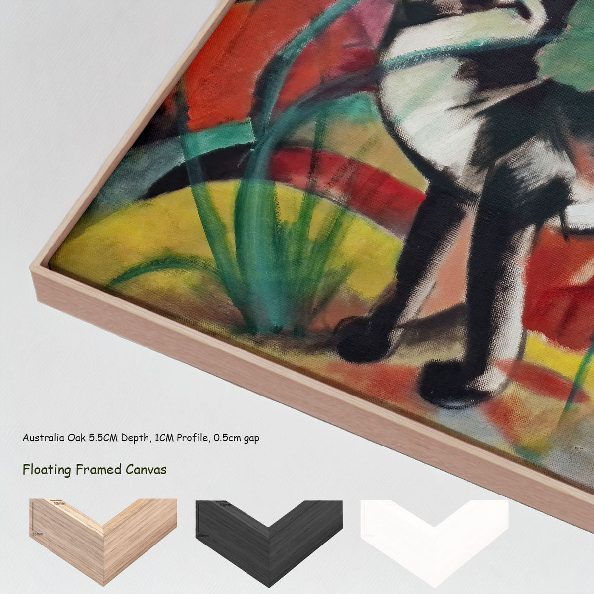 Three Cats by Franz Marc in a floating frame, large red and yellow Expressionist Abstract canvas print