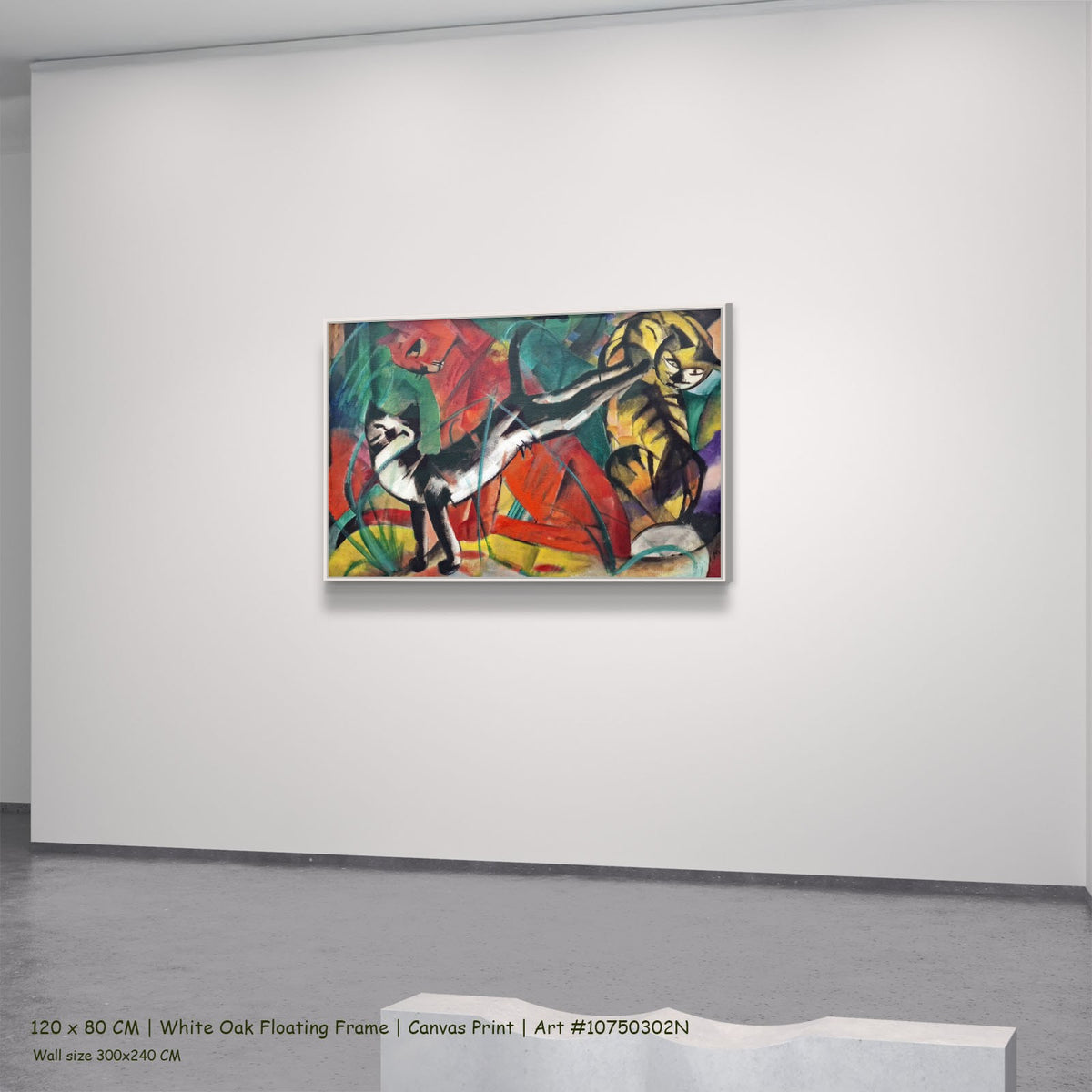 Three Cats by Franz Marc in a white oak floating frame, large red and yellow Expressionist Abstract canvas