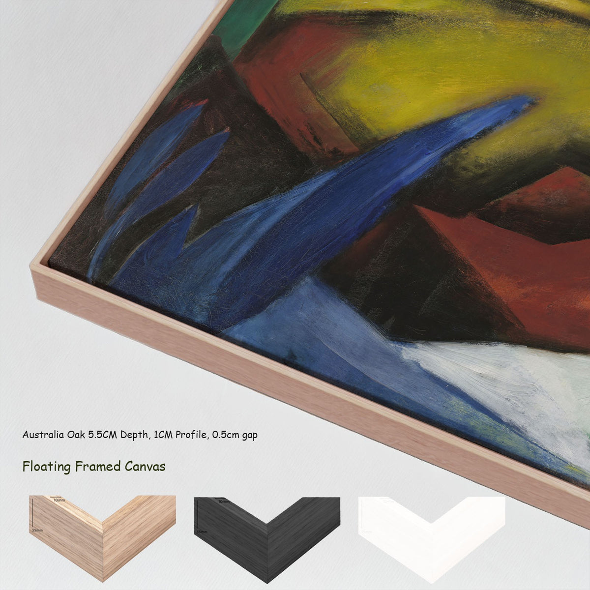 Tiger by Franz Marc in a floating frame, large yellow and green Expressionist canvas print