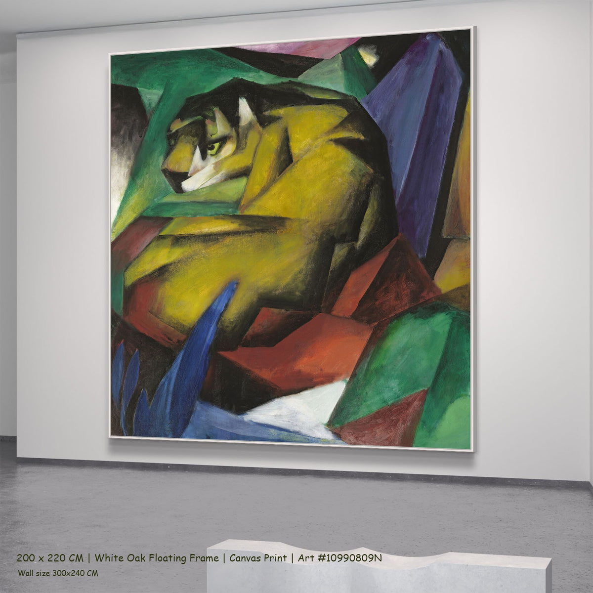 Tiger by Franz Marc in a white oak floating frame, large yellow and green Expressionist canvas