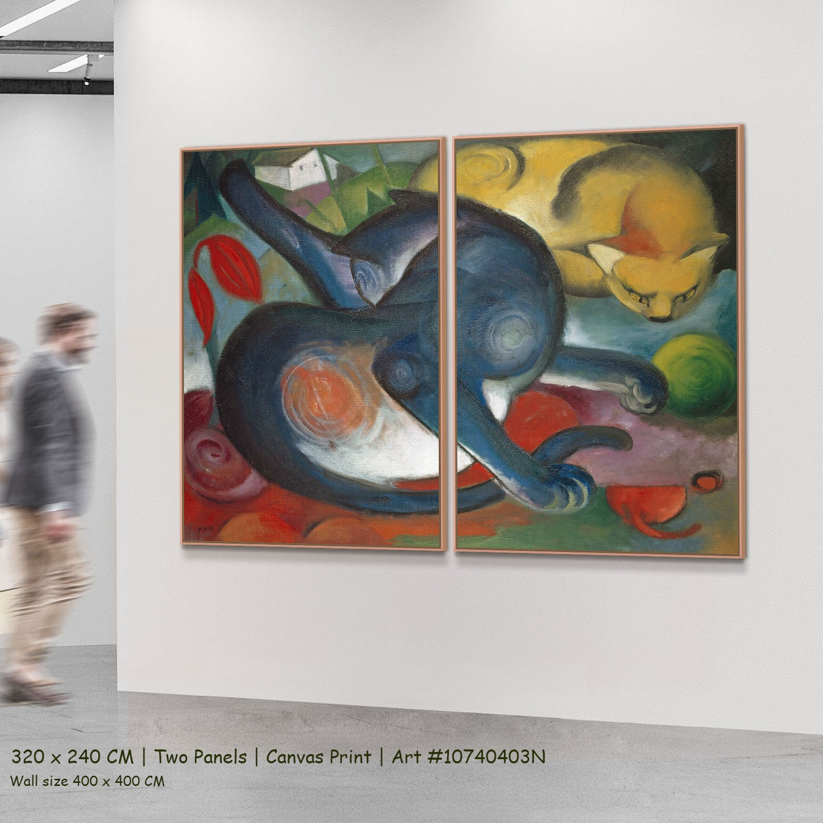 Two Cats, Blue and Yellow by Franz Marc as a large two-panel blue and yellow Expressionist Abstract canvas set