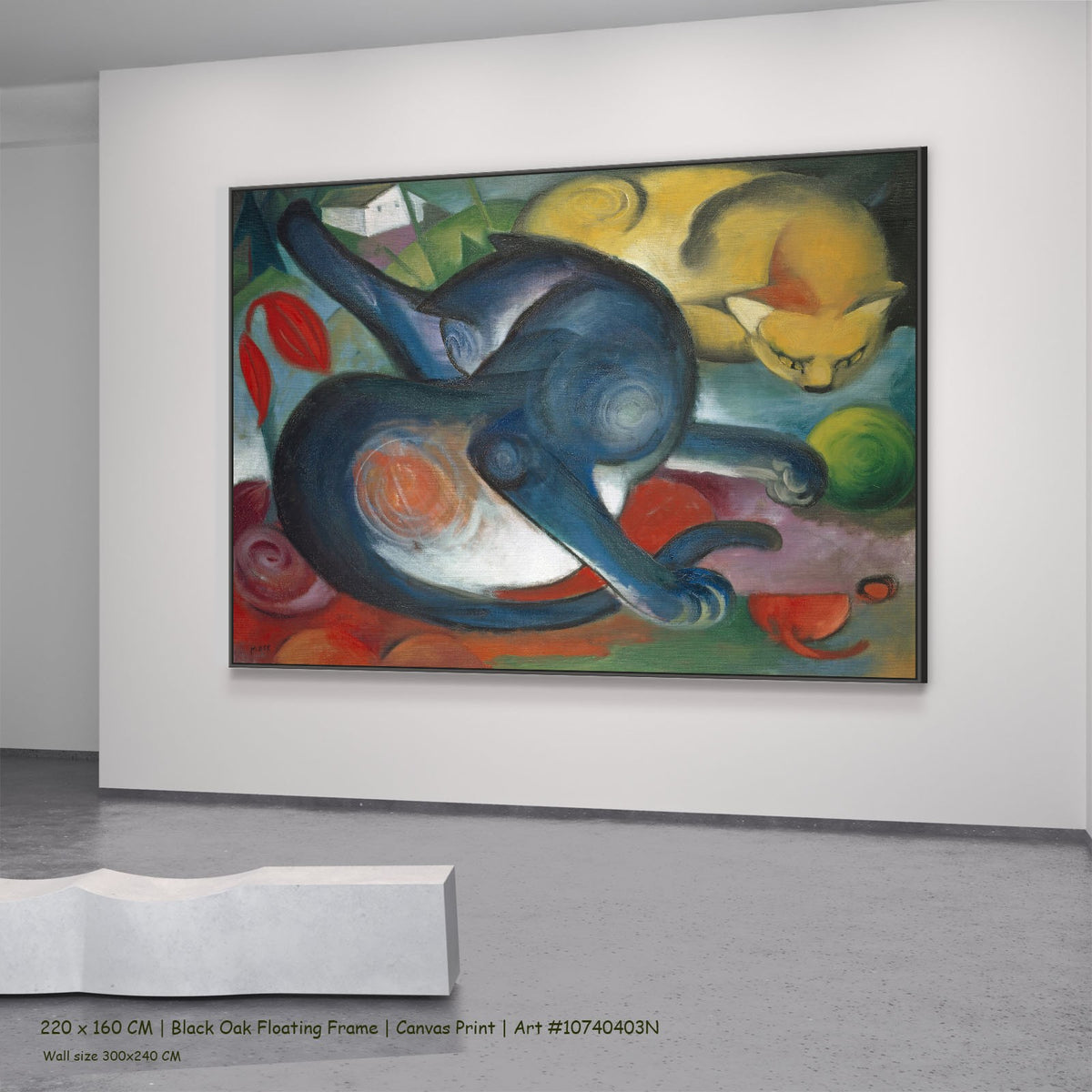 Two Cats, Blue and Yellow by Franz Marc in a black oak floating frame, large blue and yellow Expressionist Abstract canvas