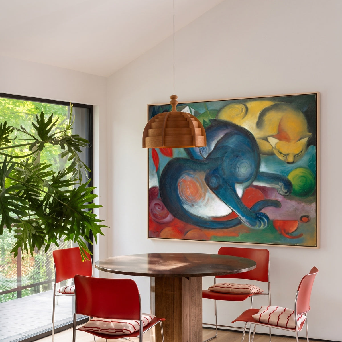 Two Cats, Blue and Yellow by Franz Marc — large blue and yellow Expressionist Abstract canvas art displayed on a wall