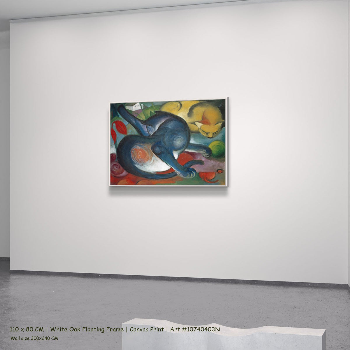 Two Cats, Blue and Yellow by Franz Marc in a white oak floating frame, large blue and yellow Expressionist Abstract canvas