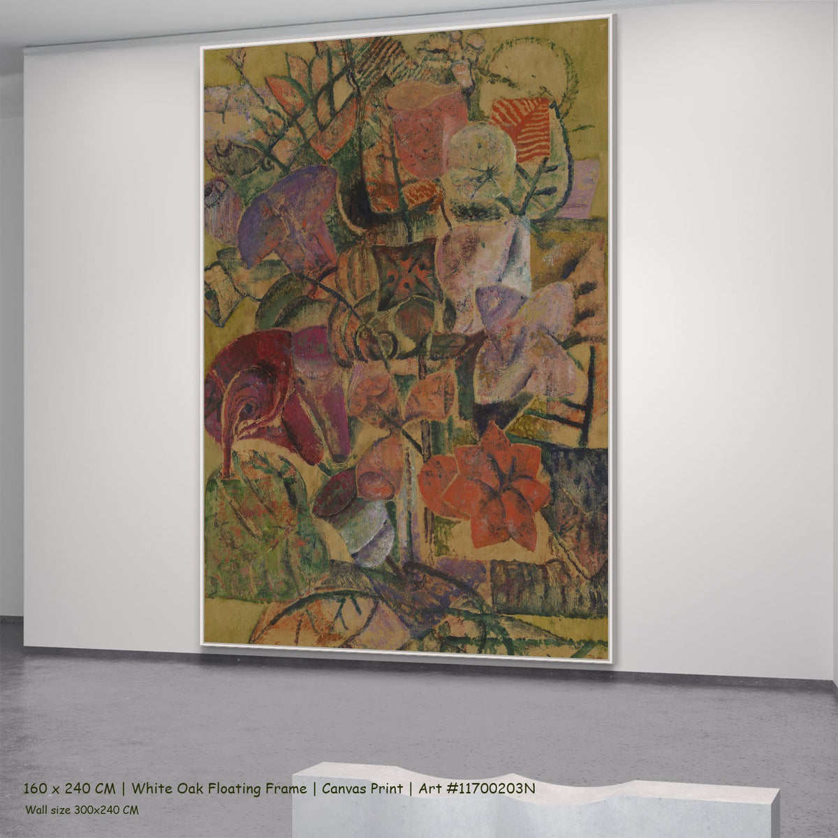Fleurs by Frits Van den Berghe in a white oak floating frame, large olive and orange Expressionist canvas