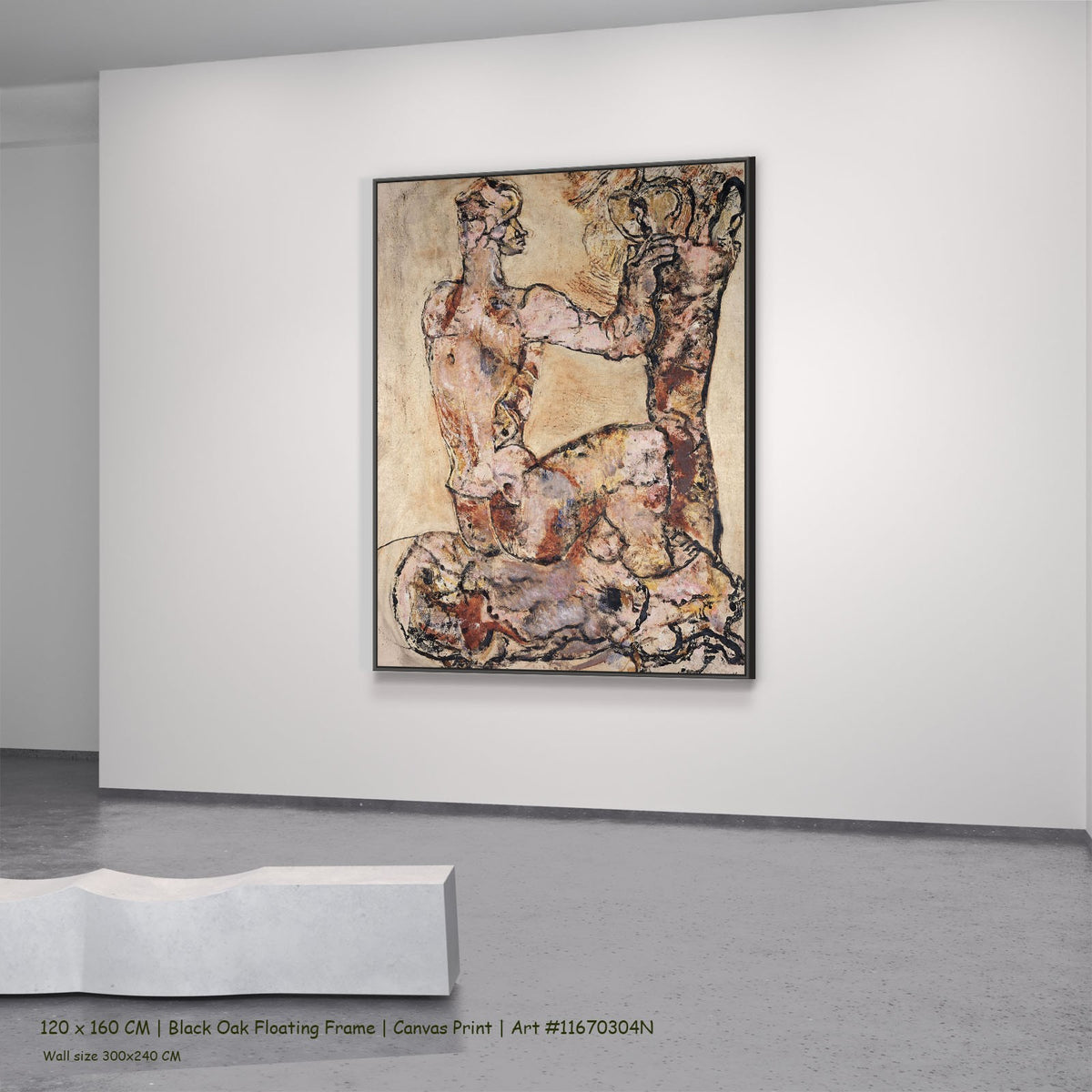 Sitting pink nude by Frits Van den Berghe in a black oak floating frame, large pink and brown Expressionist canvas