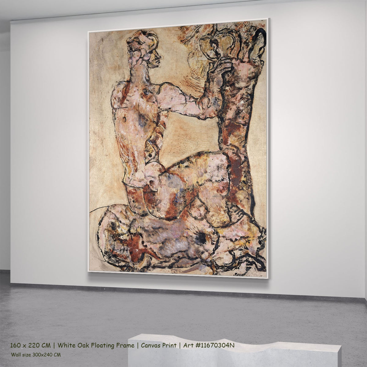 Sitting pink nude by Frits Van den Berghe in a white oak floating frame, large pink and brown Expressionist canvas