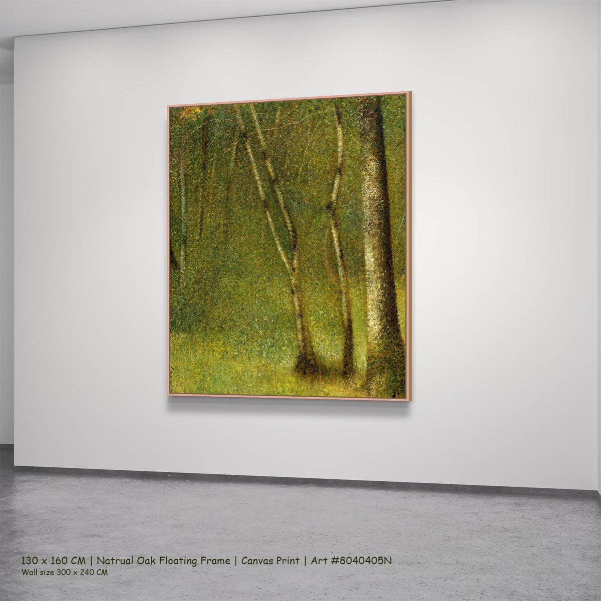 Georges Seurat — The Forest at Pontaubert Landscape canvas wall art in a natural oak floating frame, 130 × 160 cm