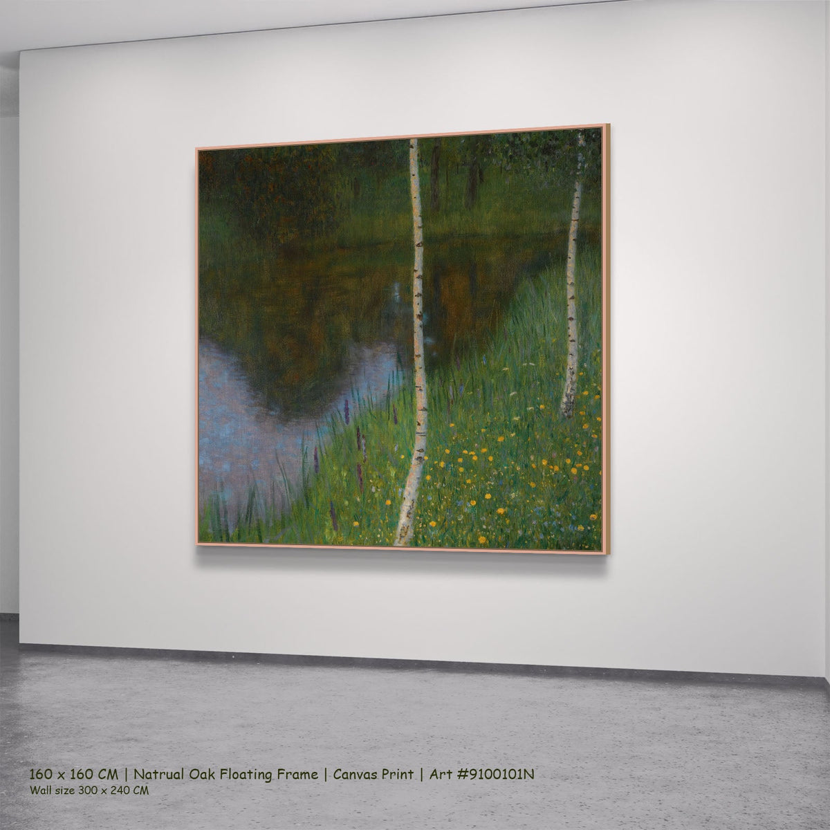 Lakeshore with Birches by Gustav Klimt in a natural oak floating frame, large green and white Impressionist canvas