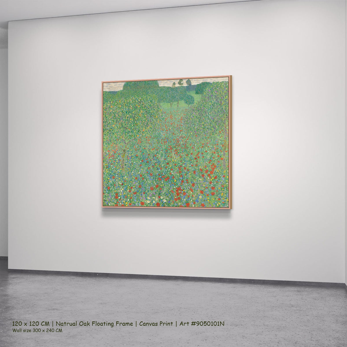 Poppy Field by Gustav Klimt in a natural oak floating frame, large green and red Impressionist canvas
