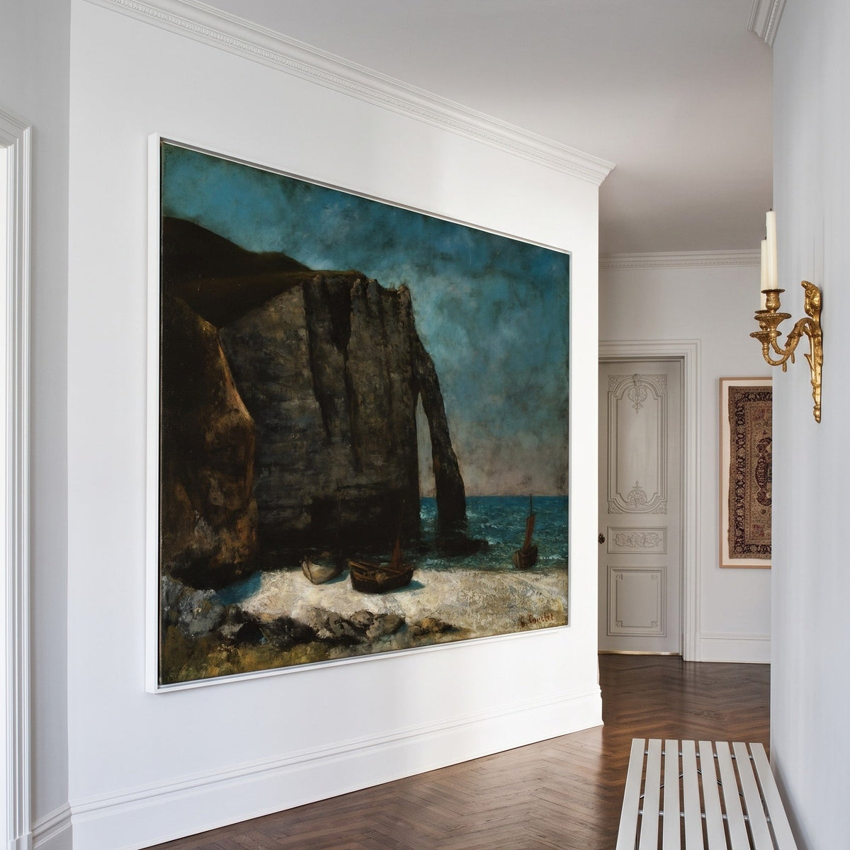 The Cliff at Étretat by Gustave Courbet — large aqua and grey Landscape canvas art displayed on a wall