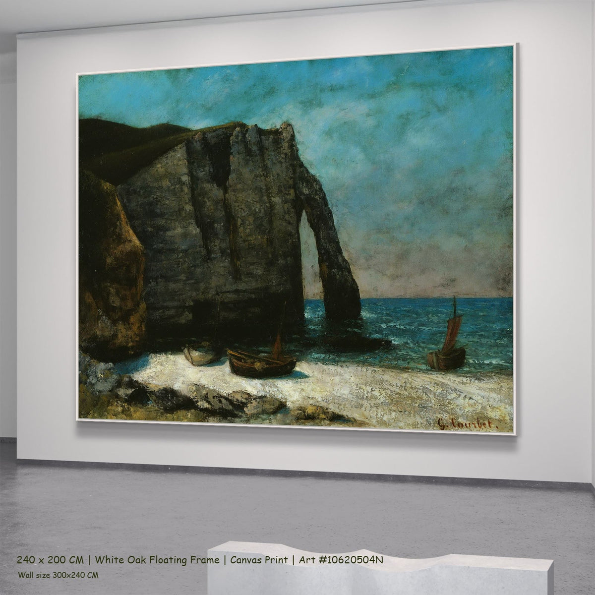 The Cliff at Étretat by Gustave Courbet in a white oak floating frame, large aqua and grey Landscape canvas