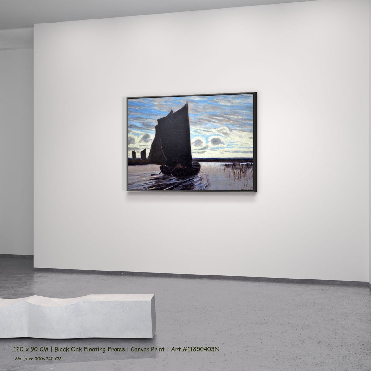 Torfsegler auf der Hamme by Hans am Ende in a black oak floating frame, large light blue and black Impressionist canvas