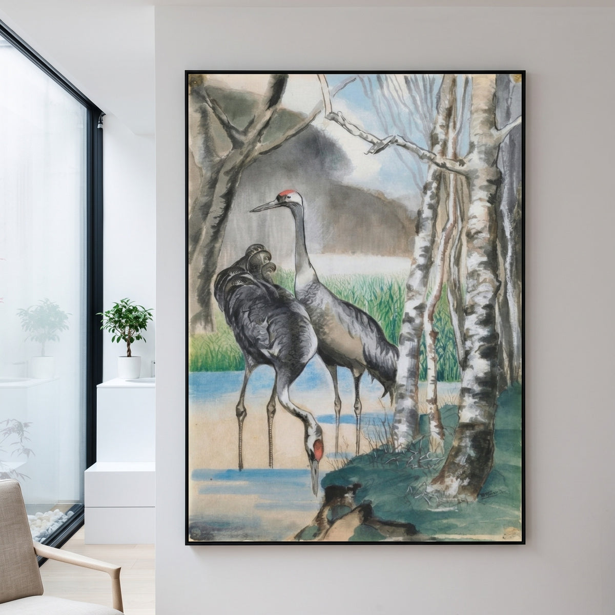 Reiher by Hans Thuar — large green and blue Expressionist canvas art on a entryway wall