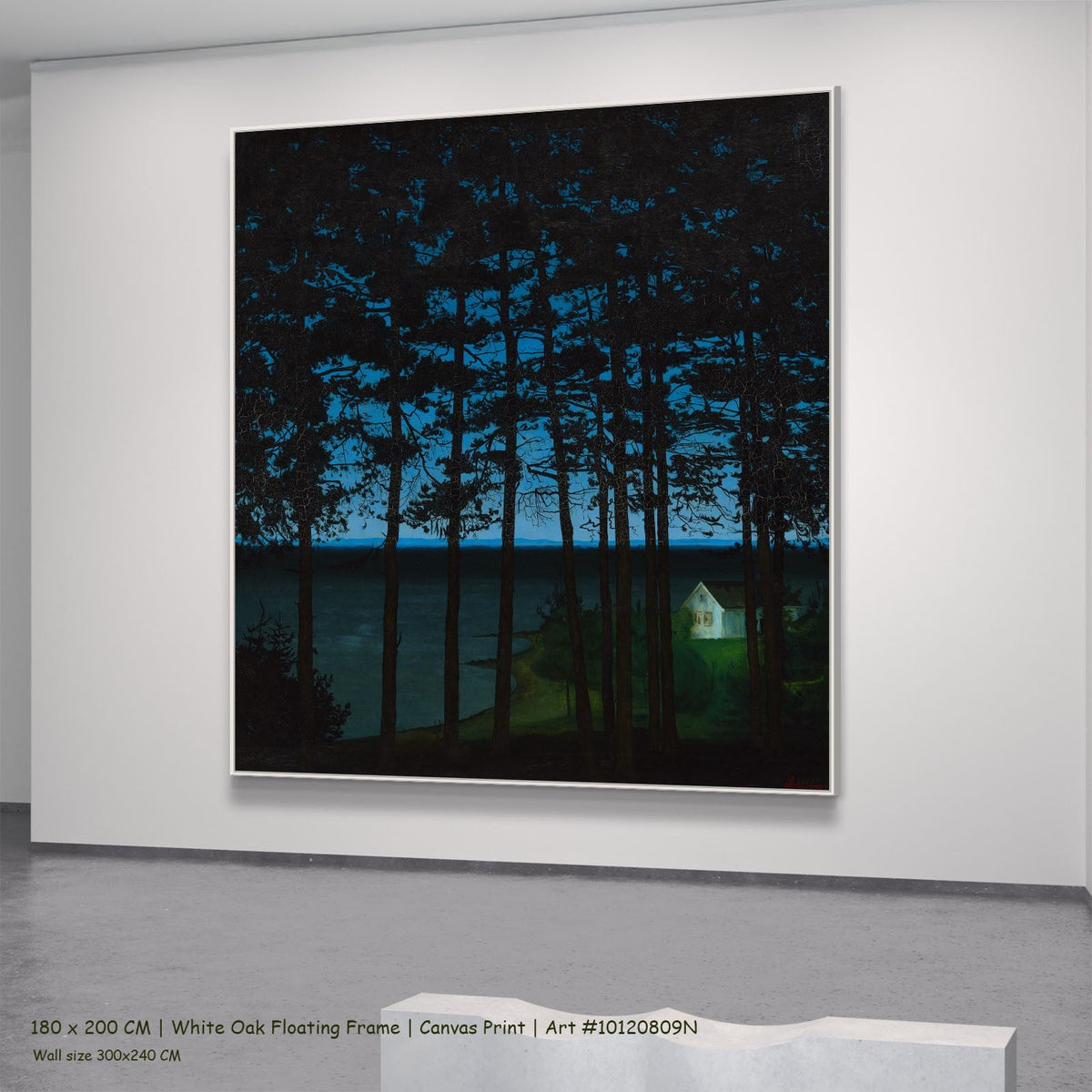 Fisherman's Cottage by Harald Oscar Sohlberg in a white oak floating frame, large blue and green Landscape canvas