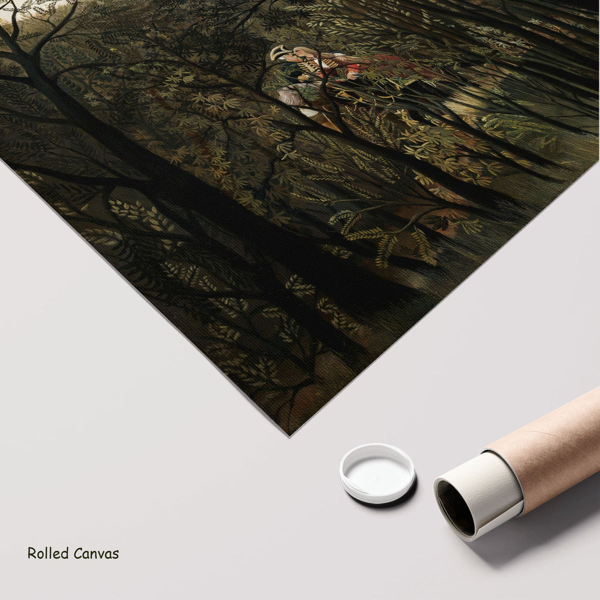 Rendezvous in the Forest by Henri Rousseau as a large rolled olive and brown Jungle canvas print