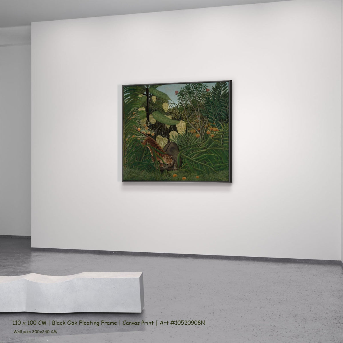Fight Between a Tiger and a by Henri Rousseau in a black oak floating frame, large green and orange Jungle canvas