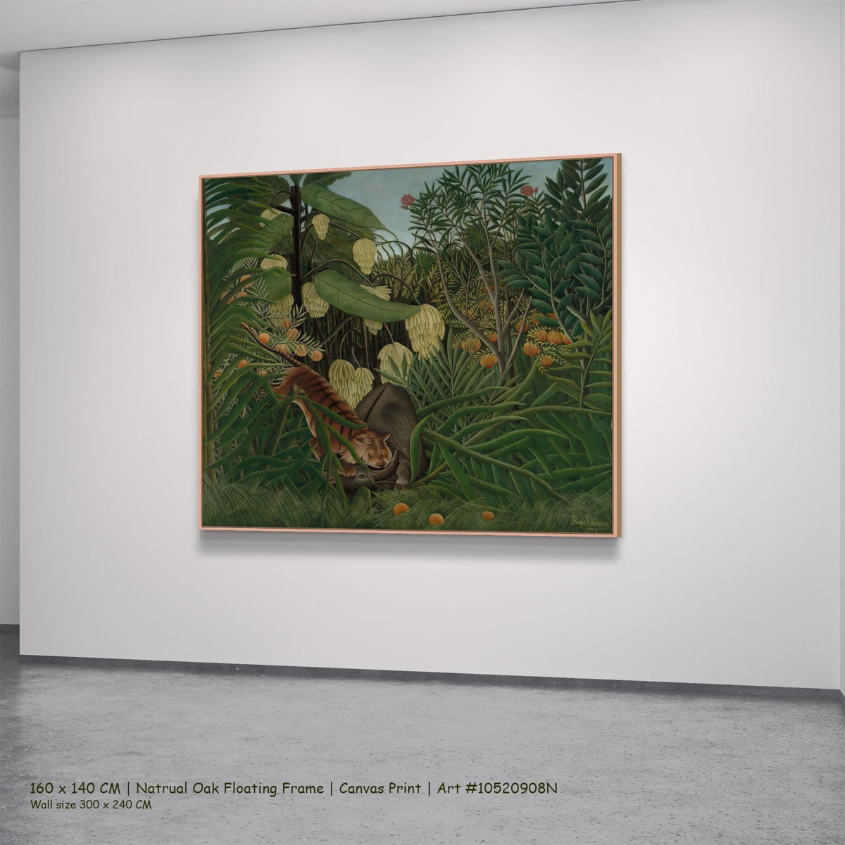 Fight Between a Tiger and a by Henri Rousseau in a natural oak floating frame, large green and orange Jungle canvas
