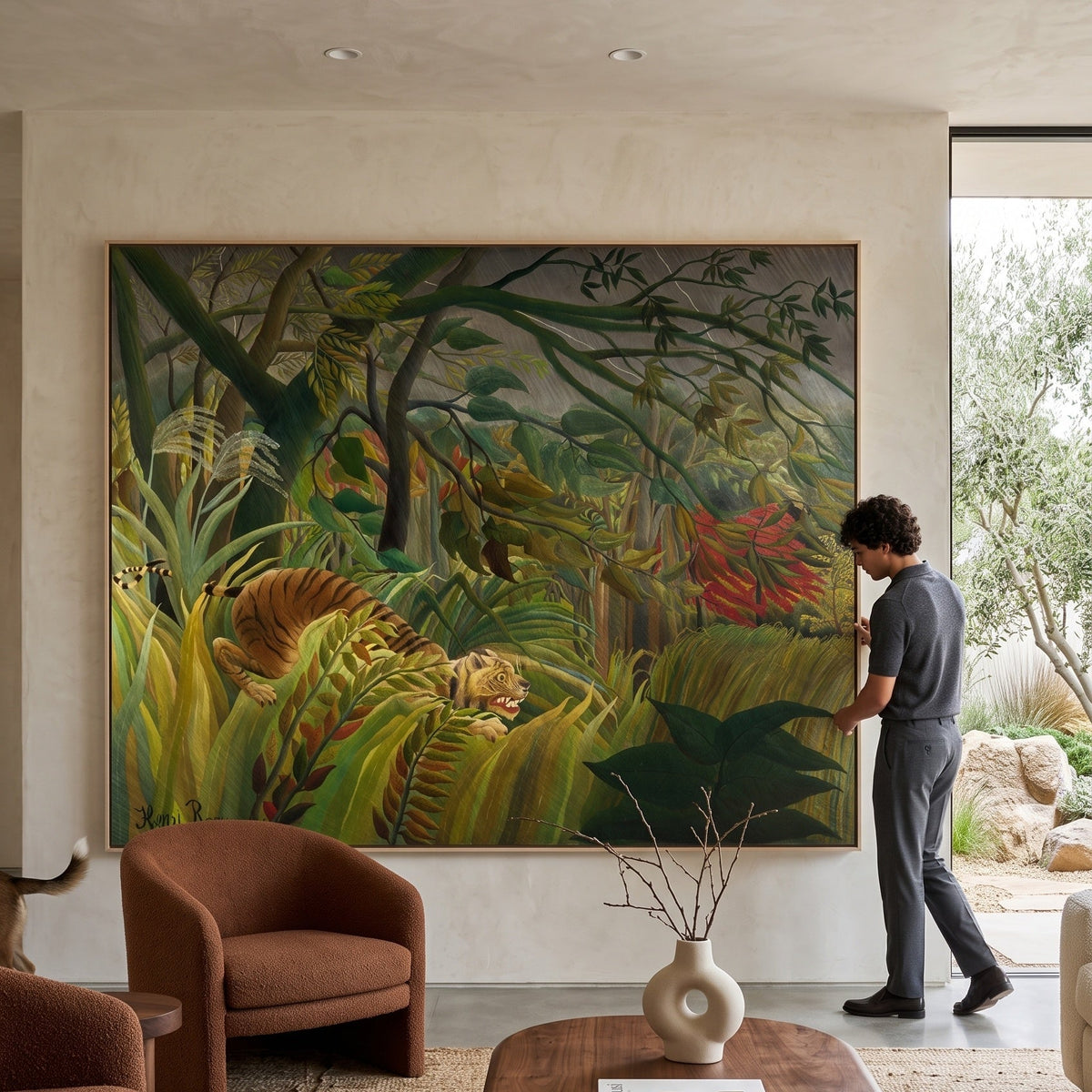 Tiger in a Tropical Storm by Henri Rousseau — large green and olive Jungle canvas art on a living room wall
