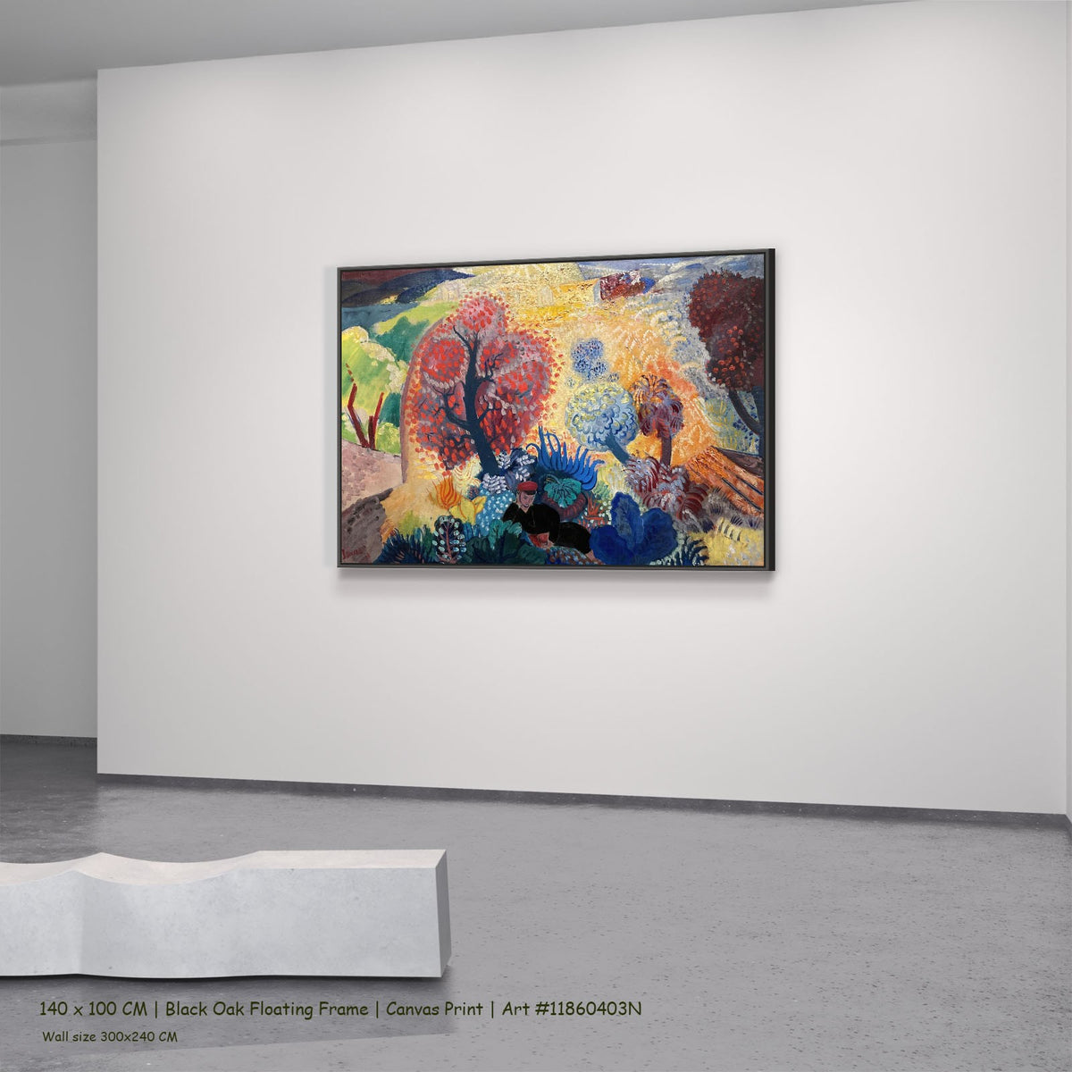 In the Realm of Fantasy by Isaac Grünewald in a black oak floating frame, large yellow and blue Fauvist canvas