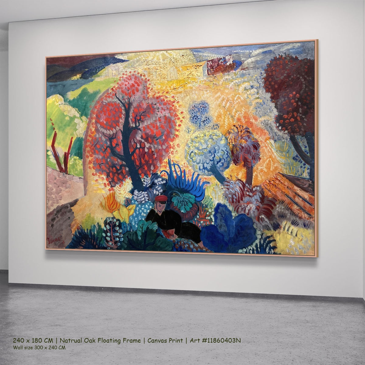 In the Realm of Fantasy by Isaac Grünewald in a natural oak floating frame, large yellow and blue Fauvist canvas