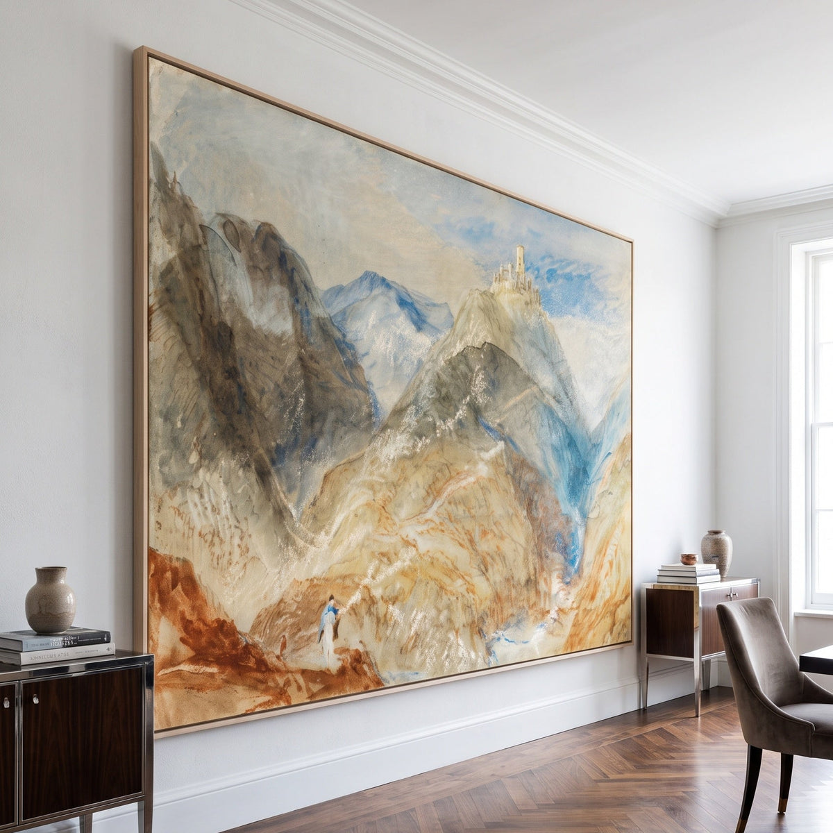 Castle on Height near Geneva by J.M.W. Turner — large brown and grey Landscape canvas art on a hallway wall